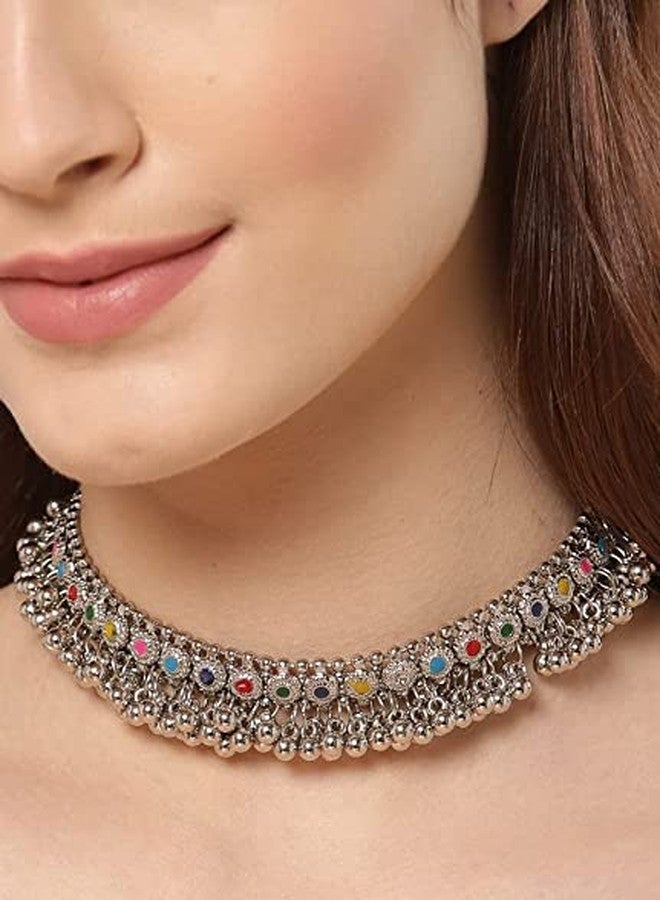 Siddhatva Indian Designer Silver Oxidized Ethnic Statement Traditional Ghungroo Beads Choker Necklace Jewelry Multi - Image 2